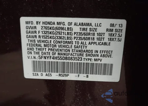 2013 Honda Pilot Ex-L z USA, uszkodzony, nr VIN 5FNYF4H55DB083523